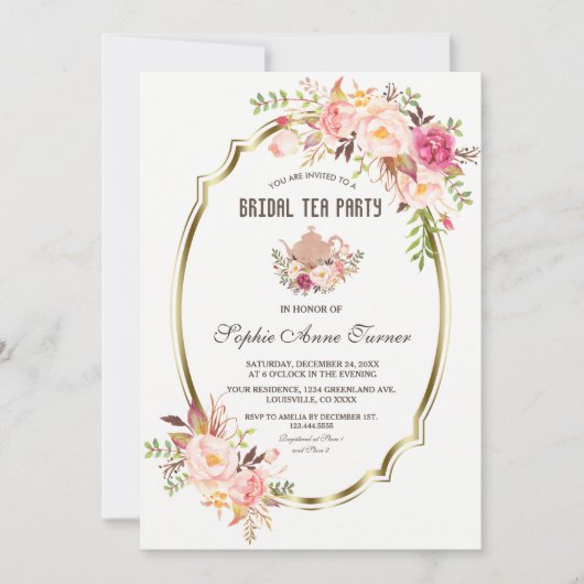 Blush Pink Floral Gold Vrijgezellenfeest Tea Party Kaart (Voorkant)