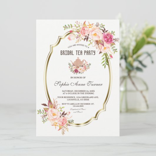 Blush Pink Floral Gold Vrijgezellenfeest Tea Party Kaart (Staand voorkant)