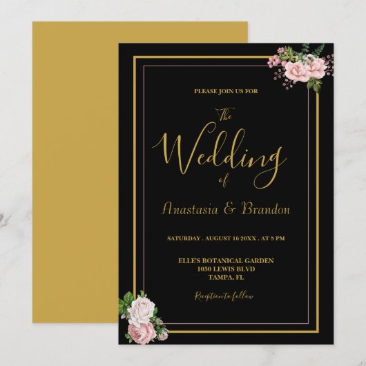 Blush Pink Floral & Gold Wedding Kaart (Voorkant / Achterkant)