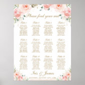 Blush Pink Floral Gold Wedding Seding Chart Sign Poster (Voorkant)