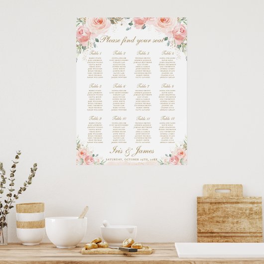 Blush Pink Floral Gold Wedding Seding Chart Sign Poster (Keuken)