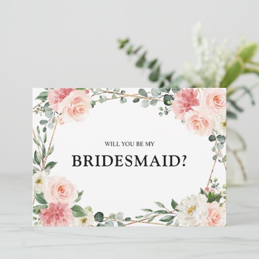 Blush Pink Floral Gold zal mijn bruidsmeisje zijn. Kaart (Staand voorkant)