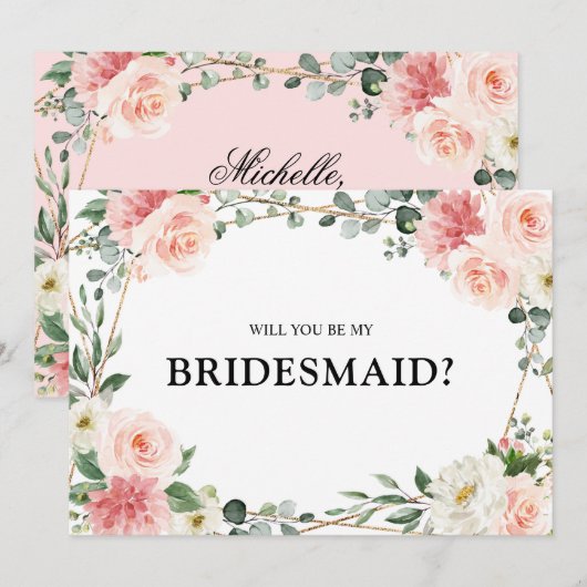Blush Pink Floral Gold zal mijn bruidsmeisje zijn. Kaart (Voorkant / Achterkant)
