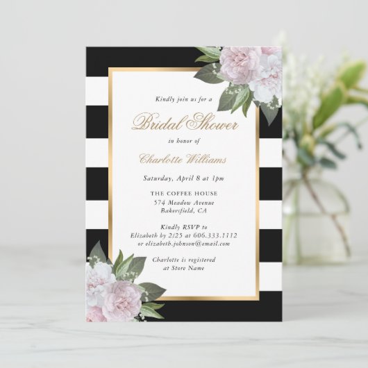 Blush Pink Floral Gold Zwart Wit Vrijgezellenfeest Kaart (Staand voorkant)