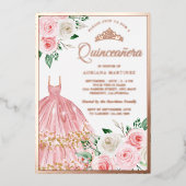 Blush Pink Floral Gown Quinceanera Roos Gold Folie Uitnodiging (Voorkant)