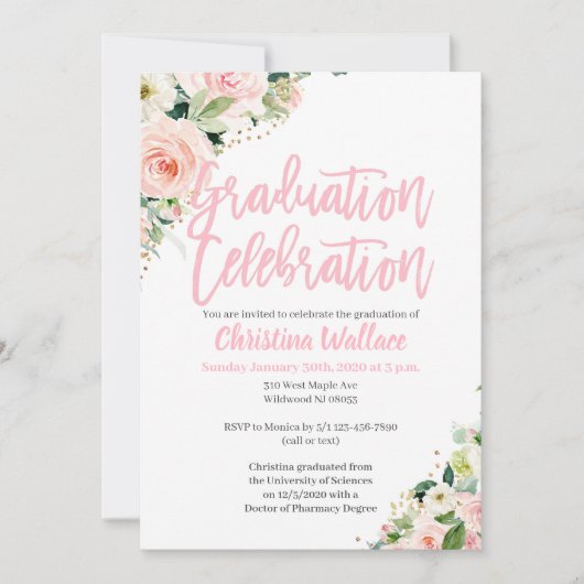 Blush Pink Floral Graduation Invitations Kaart (Voorkant)