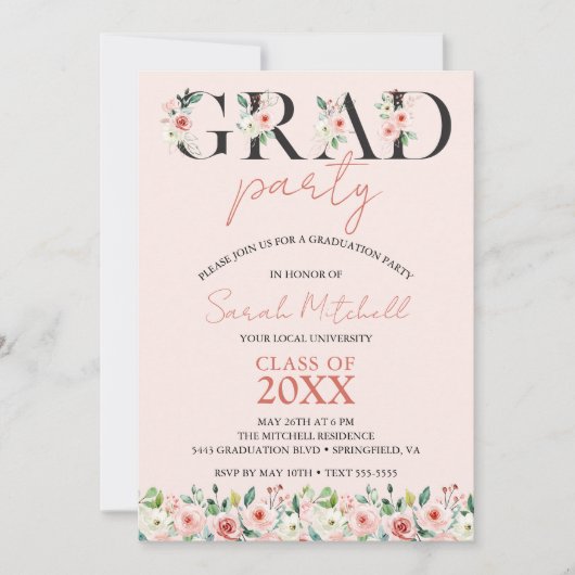 Blush Pink Floral Graduation Party Kaart (Voorkant)
