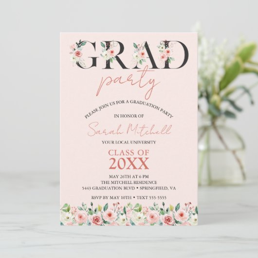 Blush Pink Floral Graduation Party Kaart (Staand voorkant)