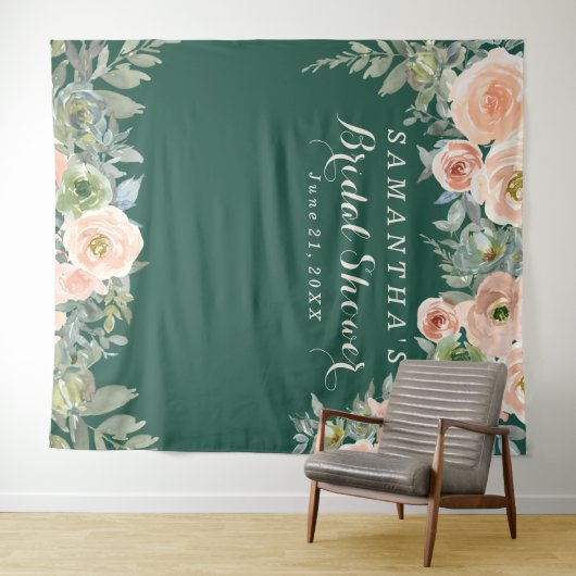 Blush Pink Floral green Bridal Shower Photobooth Wandkleed (In Situ (horizontaal))