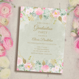 Blush Pink Floral Green Gold Graduparty Kaart