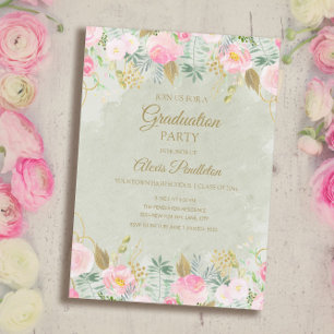 Blush Pink Floral Green Gold Graduparty Kaart