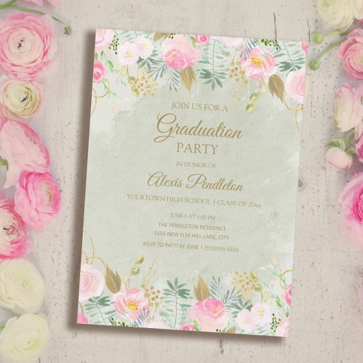 Blush Pink Floral Green Gold Graduparty Kaart