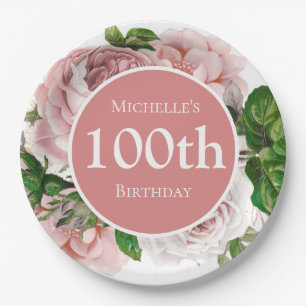 Blush Pink Floral Greenery 100th Birthday Papieren Bordje