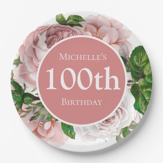 Blush Pink  Floral Greenery 100th Birthday Papieren Bordje (Voorkant)