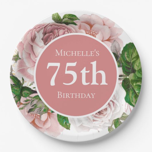 Blush Pink Floral Greenery 75th Birthday Papieren Bordje (Voorkant)