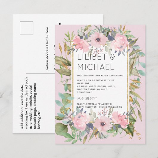 Blush Pink Floral Greenery Boho Wedding Briefkaart (Voorkant / Achterkant)