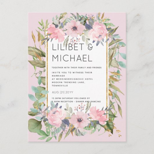 Blush Pink Floral Greenery Boho Wedding Briefkaart (Voorkant)