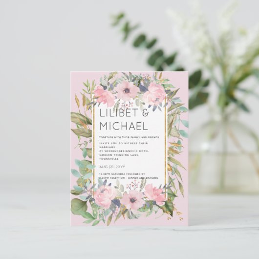 Blush Pink Floral Greenery Boho Wedding Briefkaart (Staand voorkant)