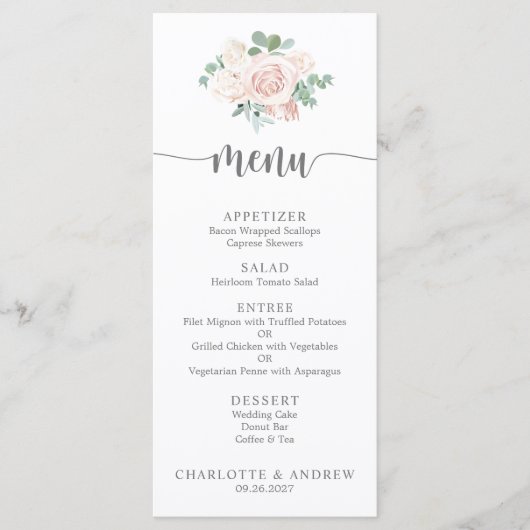 Blush Pink Floral Greenery Elegant Wedding Menu (Voorkant)