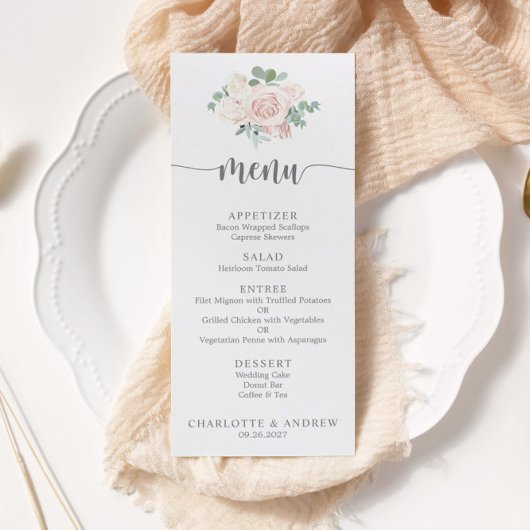 Blush Pink Floral Greenery Elegant Wedding Menu