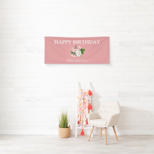 Blush Pink  Floral Greenery Happy Birthday Spandoek (Insitu)
