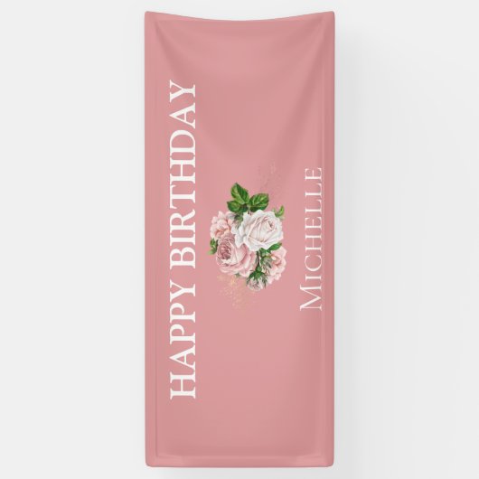 Blush Pink  Floral Greenery Happy Birthday Spandoek (Verticaal)