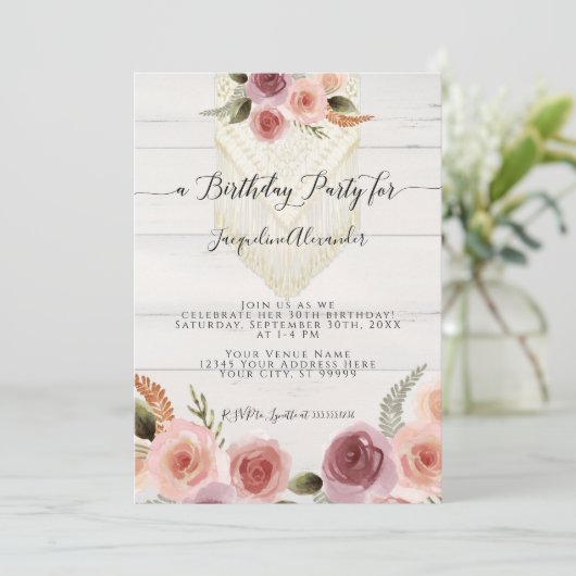 Blush Pink Floral Greenery Macrame Birthday Party Kaart (Staand voorkant)