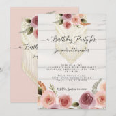 Blush Pink Floral Greenery Macrame Birthday Party Kaart (Voorkant / Achterkant)