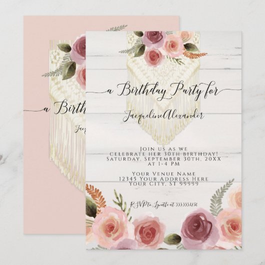 Blush Pink Floral Greenery Macrame Birthday Party Kaart (Voorkant / Achterkant)