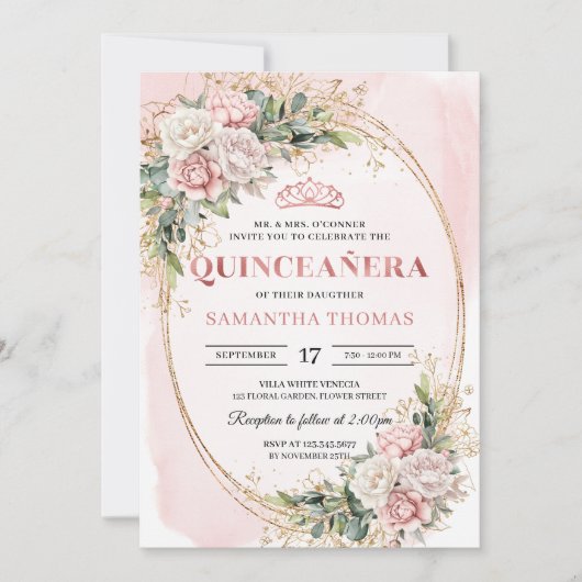 Blush Pink Floral Greenery Quince Invitation Kaart (Voorkant)