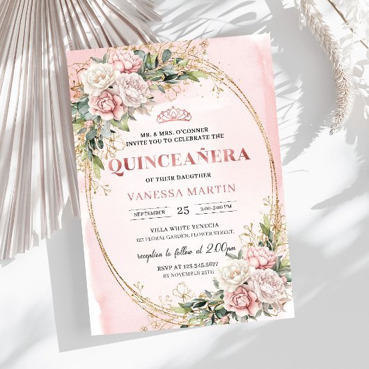 Blush Pink Floral Greenery Quince Invitation Kaart