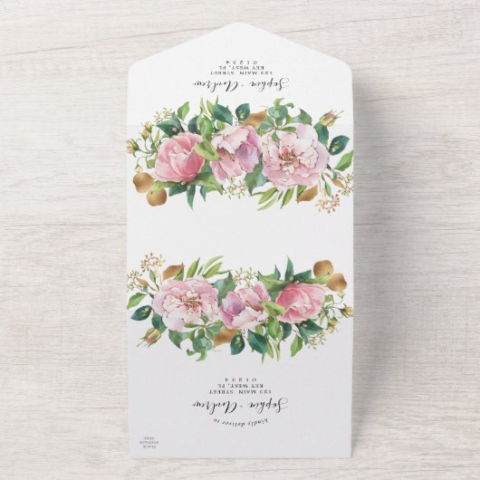 Blush Pink Floral & Greenery Wedding All In One Uitnodiging (Buitenkant)