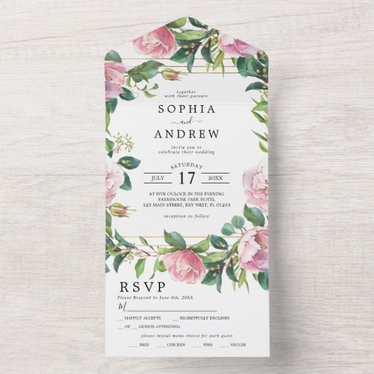 Blush Pink Floral & Greenery Wedding All In One Uitnodiging (Binnen)