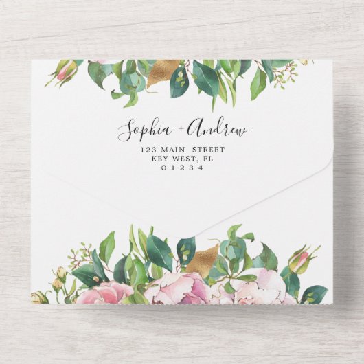 Blush Pink Floral & Greenery Wedding All In One Uitnodiging (Achterkant)