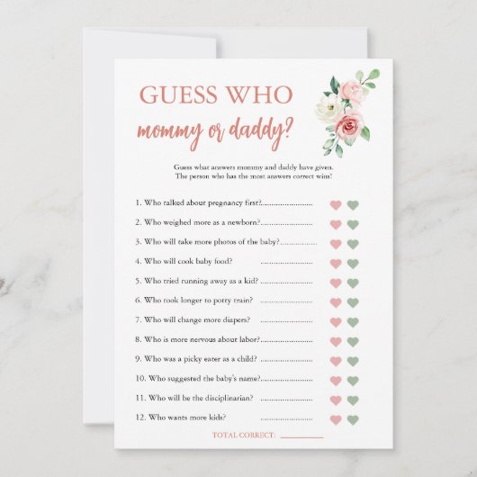 Blush Pink Floral Guess Wie Baby shower Game Kaart (Voorkant)