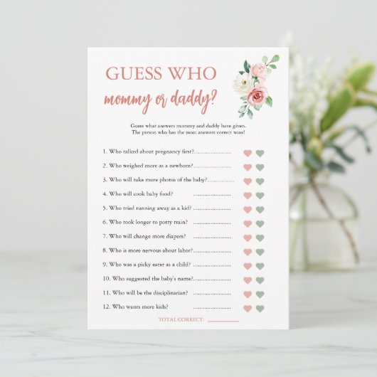 Blush Pink Floral Guess Wie Baby shower Game Kaart (Staand voorkant)