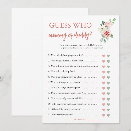 Blush Pink Floral Guess Wie Baby shower Game Kaart (Voorkant / Achterkant)