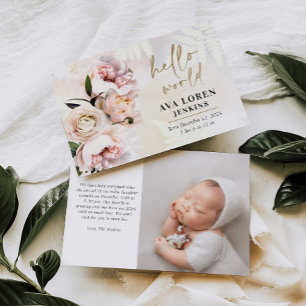 Blush Pink Floral Hallo World Birth Announance Kaart
