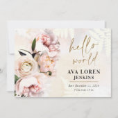 Blush Pink Floral Hallo World Birth Announance Kaart (Voorkant)