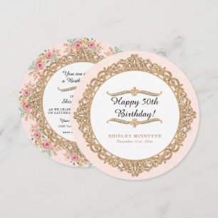 Blush Pink Floral Happy 50th Birthday Gold Jewel Kaart