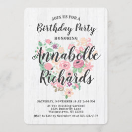 Blush Pink Floral Heart Birthday Party Invitation Kaart