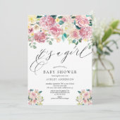 Blush Pink Floral Het is een meisje Baby shower Kaart (Staand voorkant)