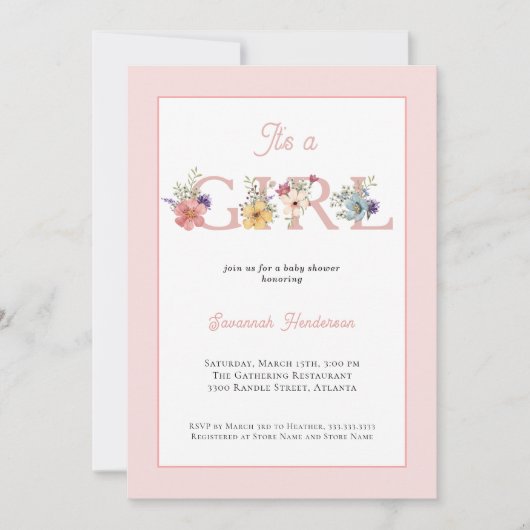 Blush Pink Floral Het is een meisje Baby shower Kaart (Voorkant)