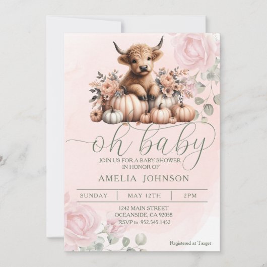 Blush Pink Floral Highland Koe Kaart (Voorkant)