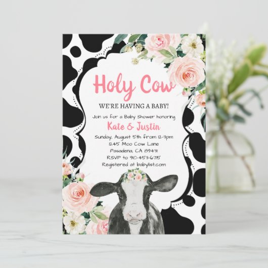 Blush Pink Floral Holy Koe Baby shower Kaart (Staand voorkant)