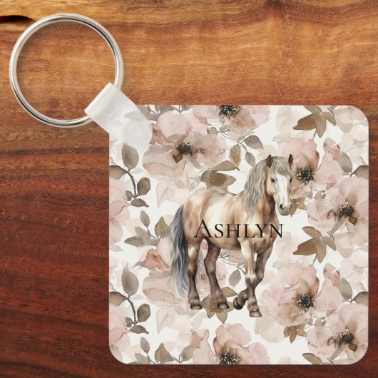 Blush Pink Floral Horse Sleutelhanger (Voorkant)
