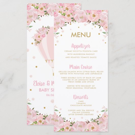 Blush Pink Floral Hot Air Ballon Menu Baby shower (Voorkant / Achterkant)
