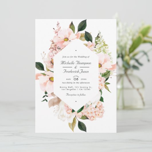Blush Pink Floral Hydrangeas QR Code RSVP Weddensc Kaart (Staand voorkant)