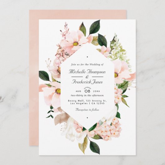 Blush Pink Floral Hydrangeas QR Code RSVP Weddensc Kaart (Voorkant / Achterkant)