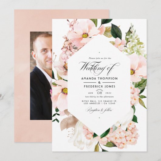 Blush Pink Floral Hydrangeas Weddenfoto Kaart (Voorkant / Achterkant)